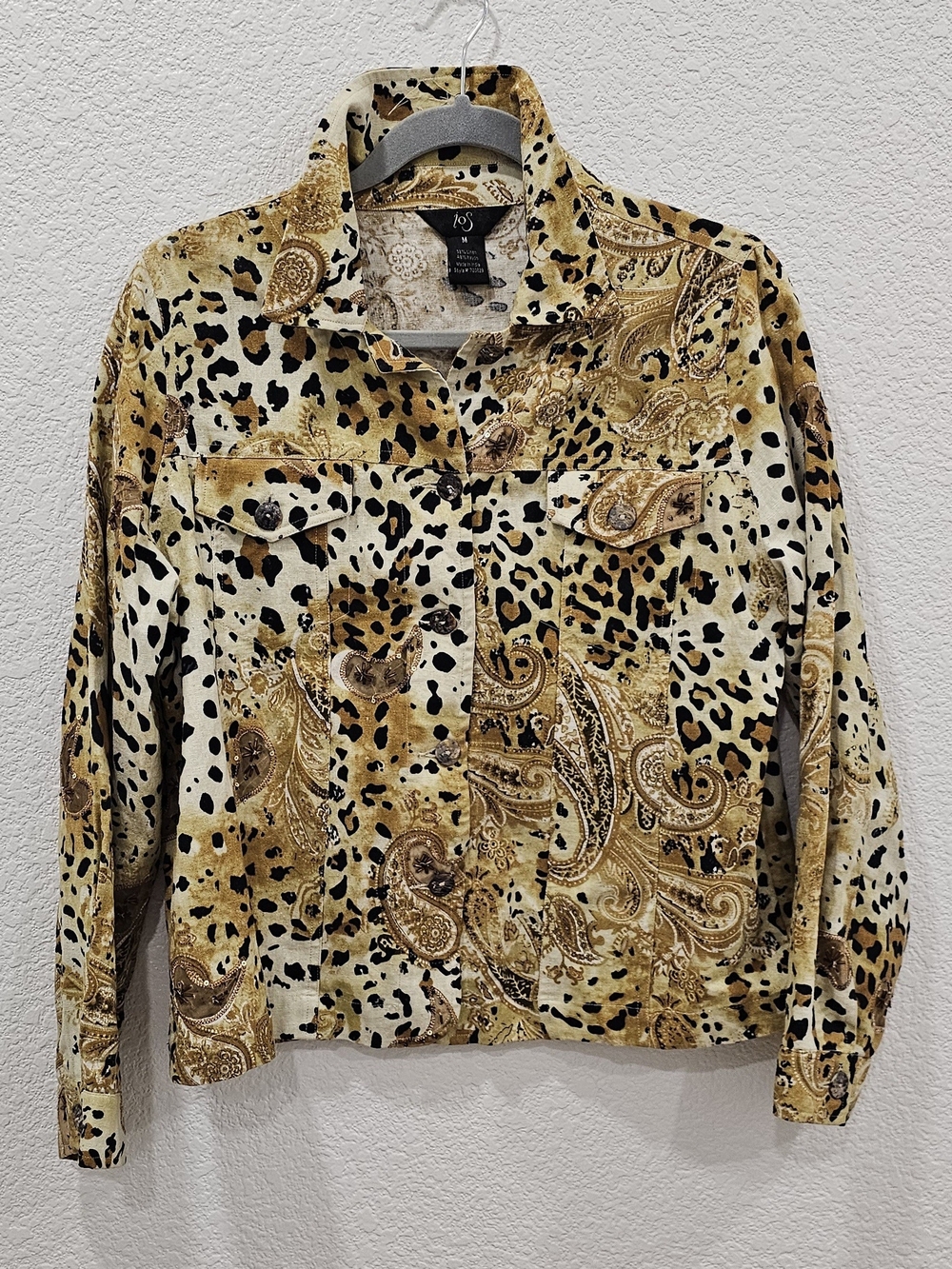 IOS Women’s M Linen Blend Utility Jacket Animal Paisley Beaded Sequin
